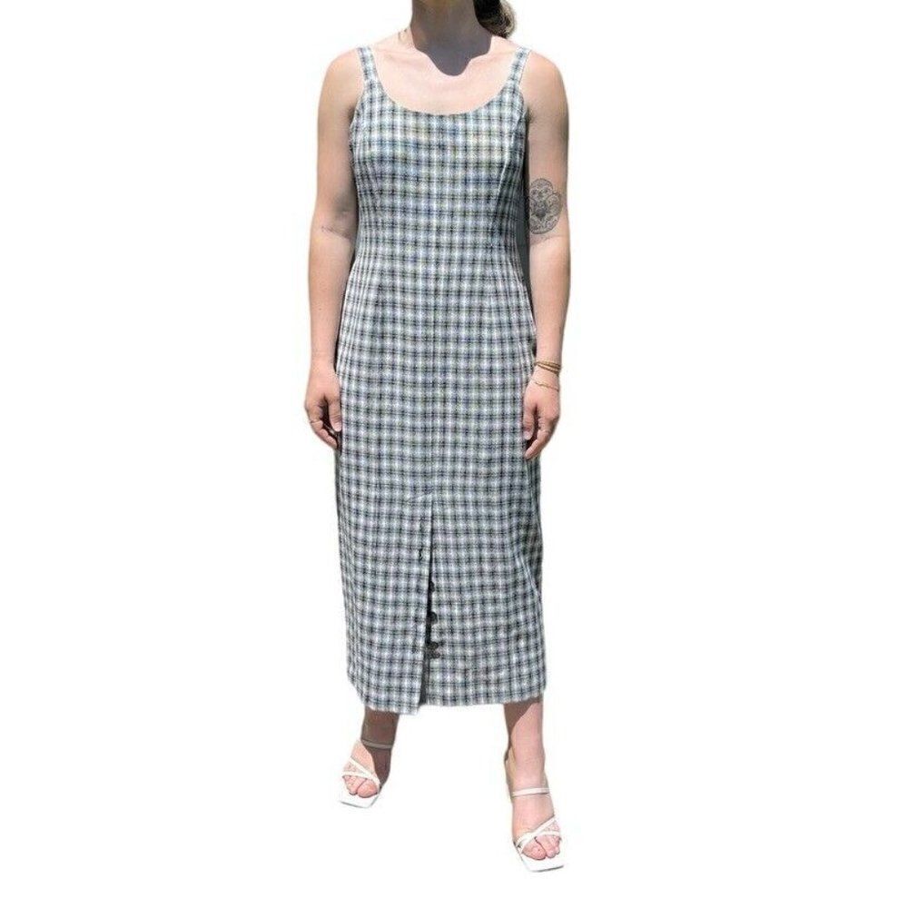 Vintage 1990s Womens Black White Plaid Checkered A Line Modern Maxi Dress Sz L